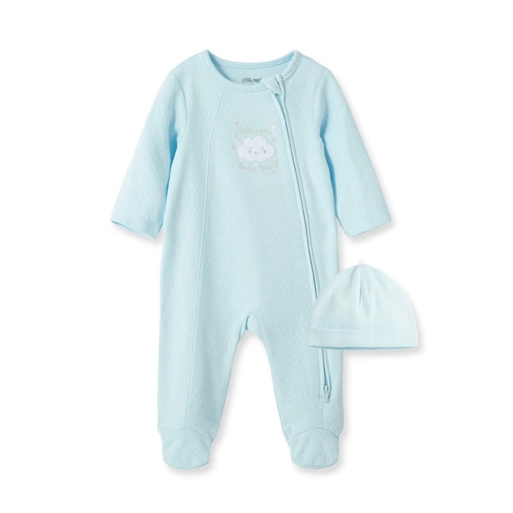 NWT Little Me Baby Boys “Welcome to the World” Zip Footed One-Piece & Hat, 6M